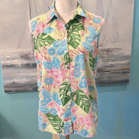 Karen Scott Sleeveless Tropical Button Down Shirt, Medium - Picture 1 of 7